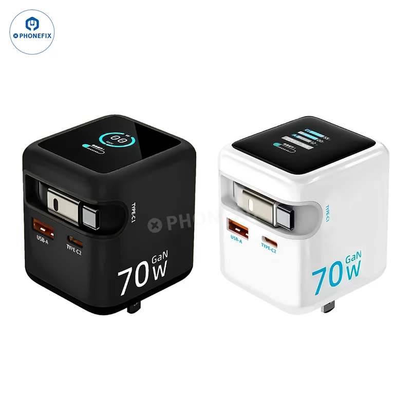 Chargeur portable GaN 70 W avec câble rétractable et écran tactile