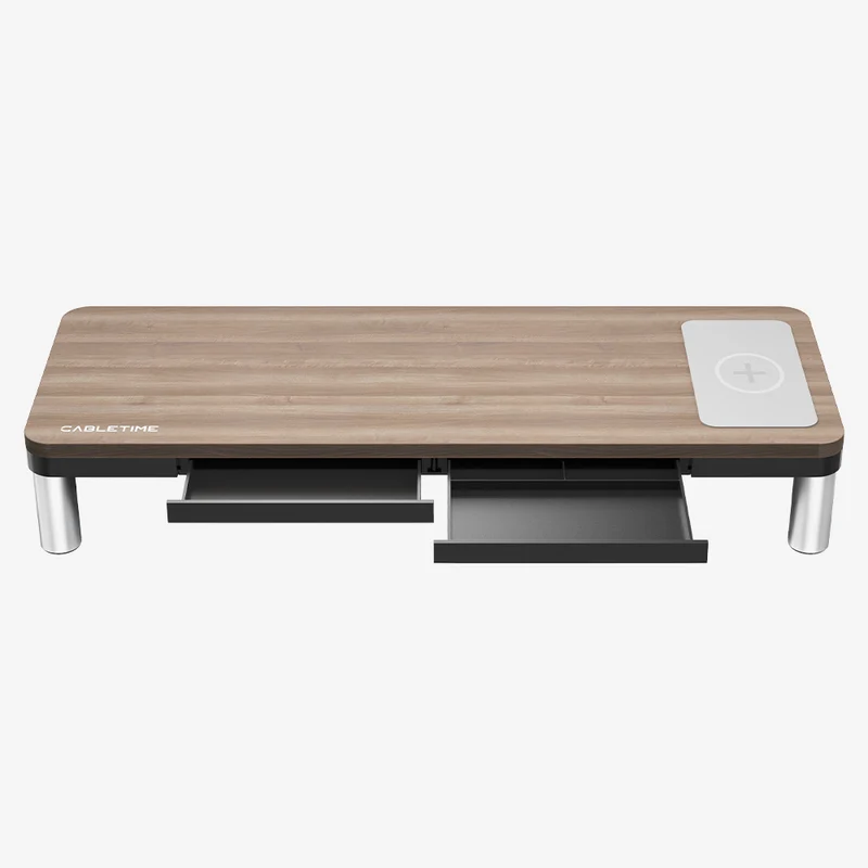 Wood Grain Monitor Stand with 9 IN 1 Docking Station and Wireless Charging Pad