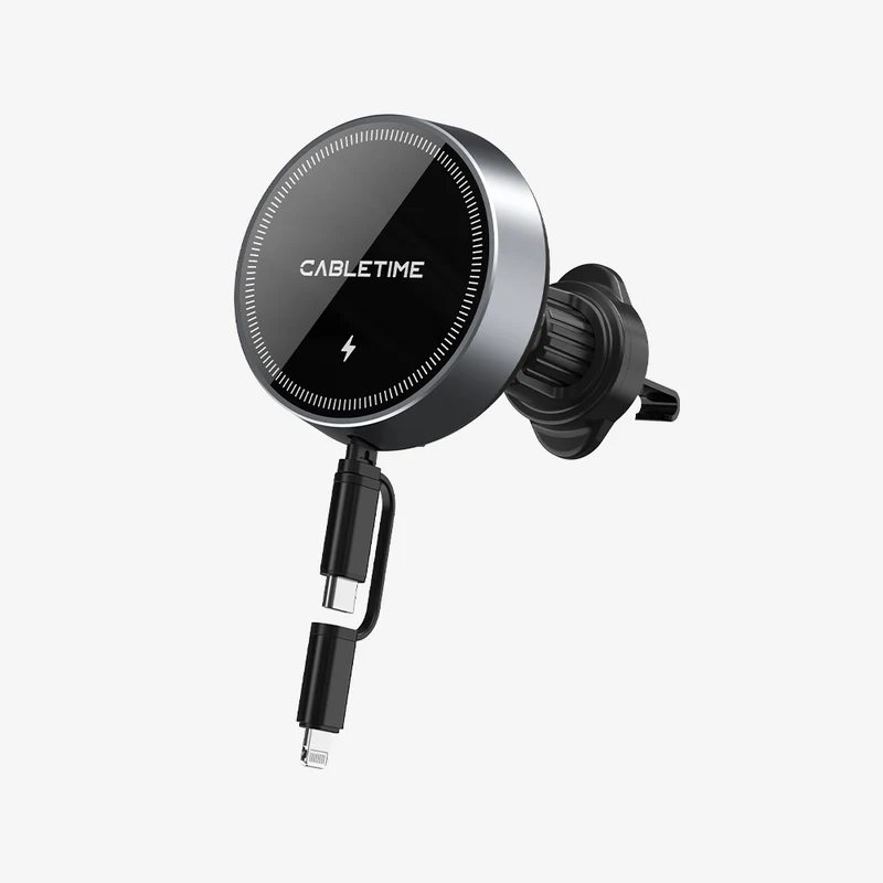 2 IN 1 Magnetic Wireless Car Charger with Retractable Cable
