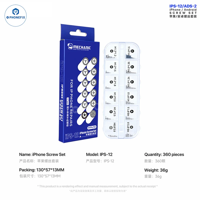 Kit de vis MECHANIC IPS-12 ADS-2 pour la réparation d'iPhone et d'Android