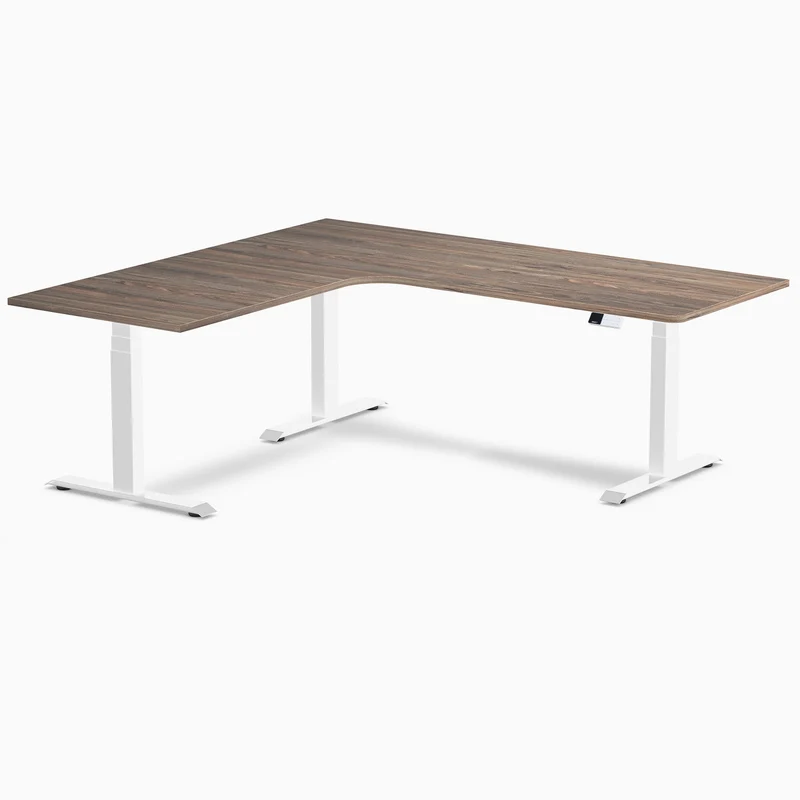 Desky L-Shape Melamine Sit Stand Desk 200cm - Left Return Natural Walnut Top and White Leg