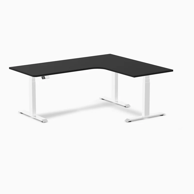 Desky L-Shape Melamine Sit Stand Desk 180cm - Right Return Black Top and White Leg