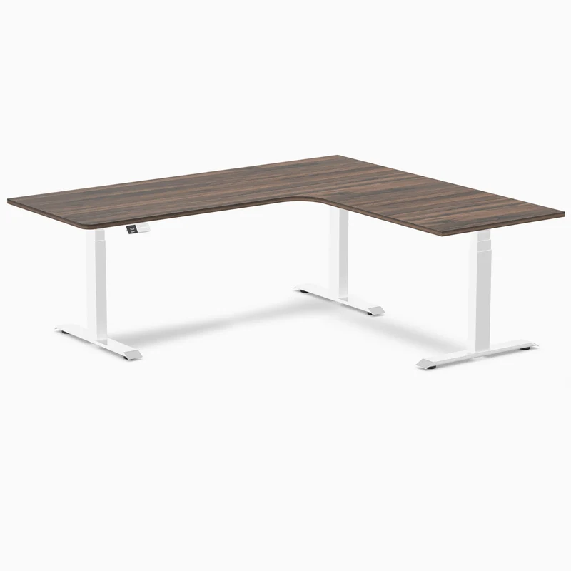 Desky L-Shape Melamine Sit Stand Desk 200cm - Right Return Jarrah Legno Top and White Leg