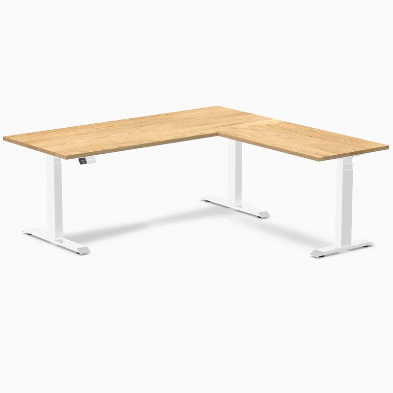 Desky Hardwood L-Shape Sit Stand Desk 180 x 175 cm White Oak Top and White Leg
