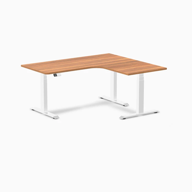 Desky L-Shape Melamine Sit Stand Desk 160cm - Right Return Prime Oak Top and White Leg