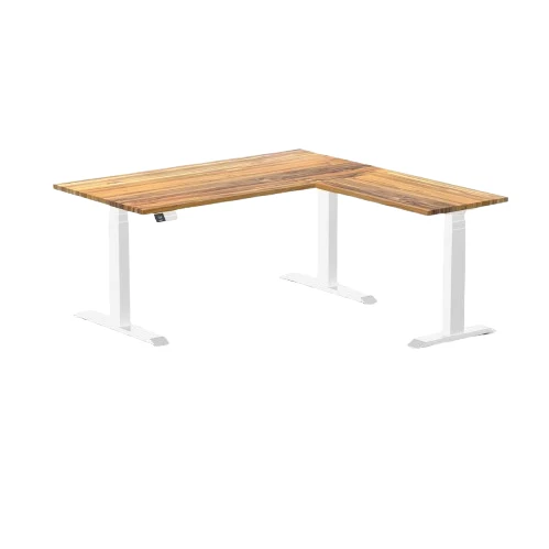 Desky Hardwood L-Shape Sit Stand Desk 150 x 155 cm (Teak Top/White Leg)