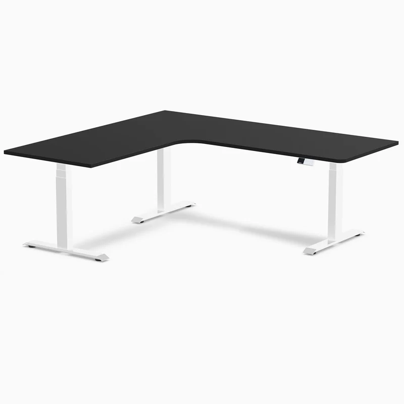 Desky L-Shape Melamine Sit Stand Desk 200cm - Left Return Black Top and White Leg