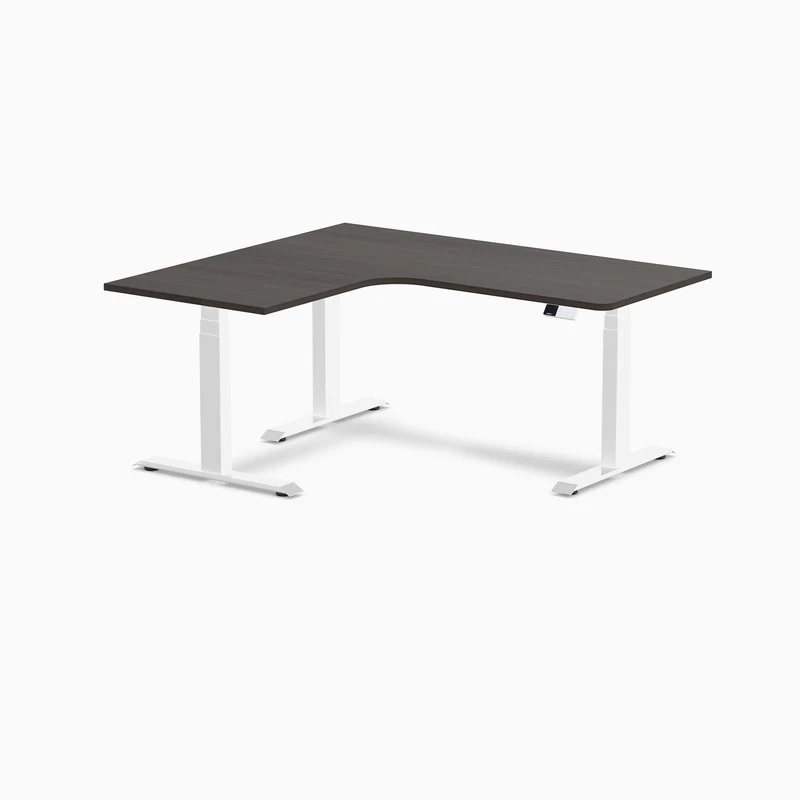 Desky L-Shape Melamine Sit Stand Desk 160cm - Left Return Burnished Wood Top and White Leg