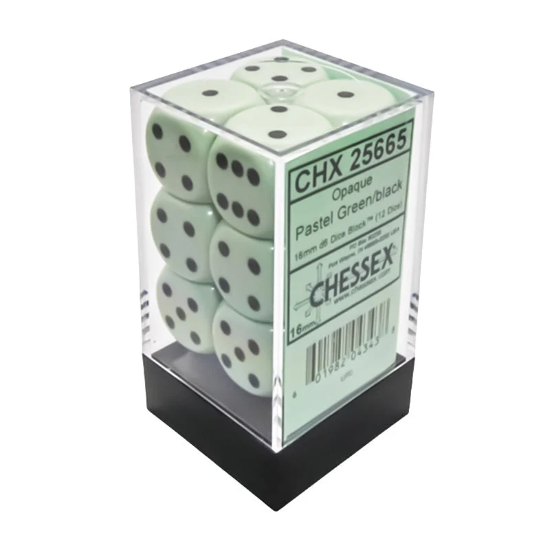 Chessex CHX 25665 Opaque 16mm D6 Pastel Green/Black Dice Block (12 Dice)