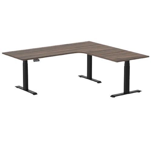 Desky L-Shape Melamine Sit Stand Desk 200cm - Left Return Jarrah Legno Top and Matte Black Leg