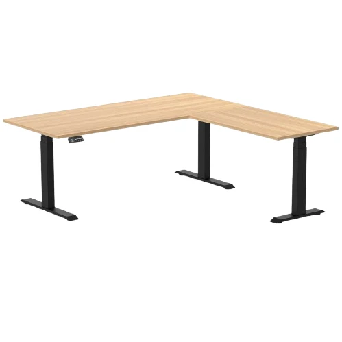 Desky Eco L-Shape Melamine Sit Stand Desk 180 x 175 cm Sublime Teak Top and Matte Black Leg
