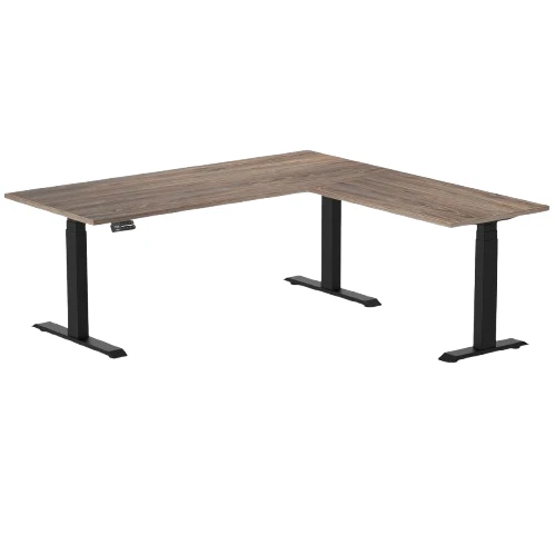 Desky Eco L-Shape Melamine Sit Stand Desk 180 x 175 cm Natural Walnut Top and Matte Black Leg