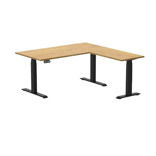 Desky Rubberwood L-Shape Sit Stand Desk 180 x 175 cm Light Oak Top and Matte Black Leg