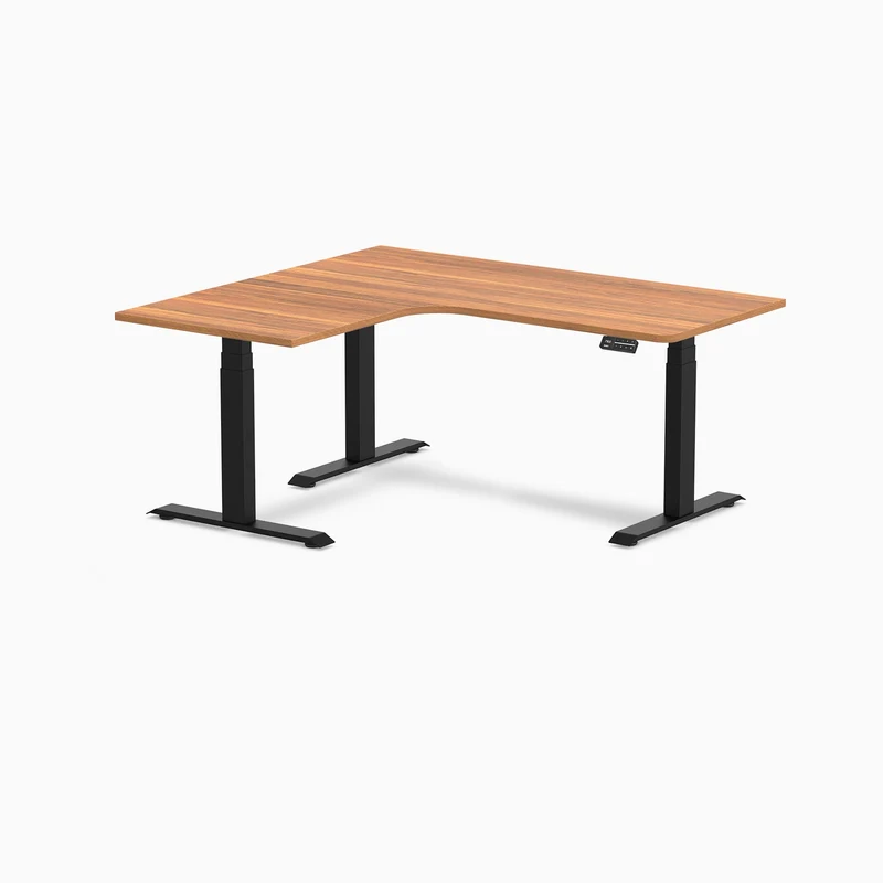 Desky L-Shape Melamine Sit Stand Desk 160cm - Left Return Prime Oak Top and Matte Black Leg