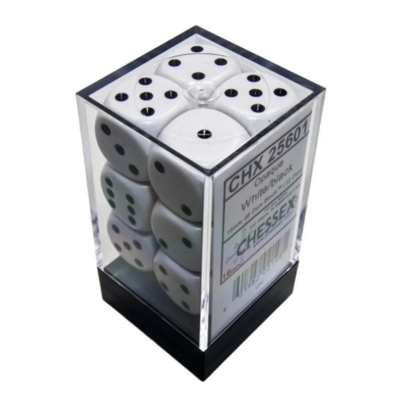 Chessex CHX 25601 Opaque White/Black 16mm D6 Dice Block (12 Dice)