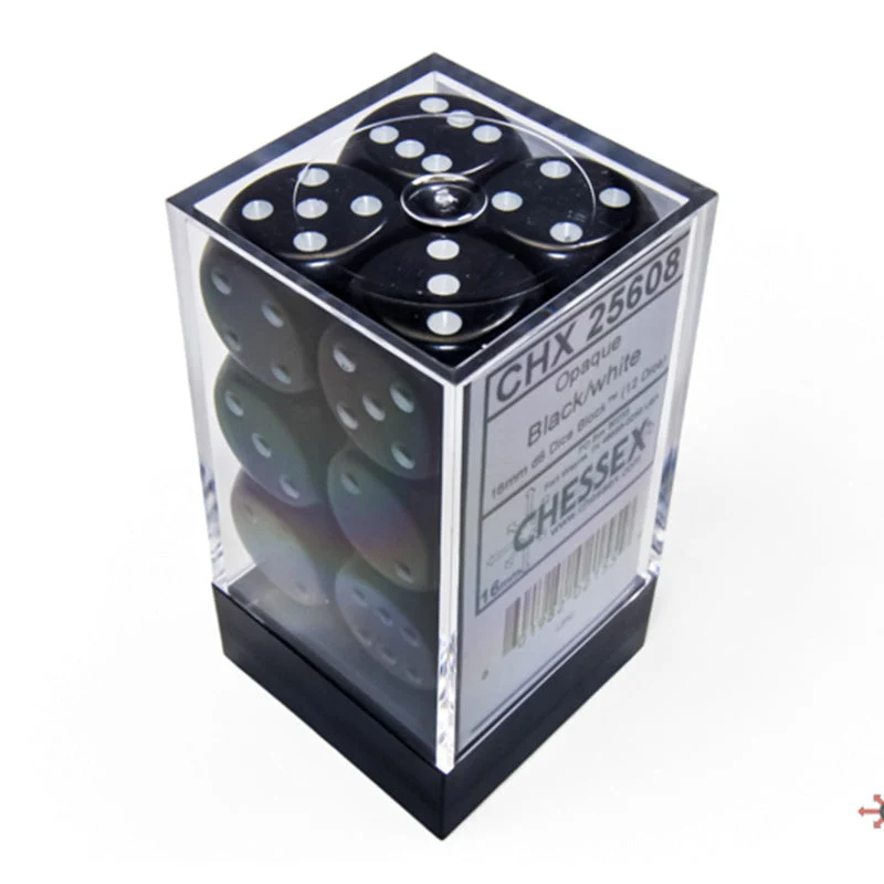 Chessex CHX 25608 Opaque Black/White 16mm D6 Dice Block (12 Dice)