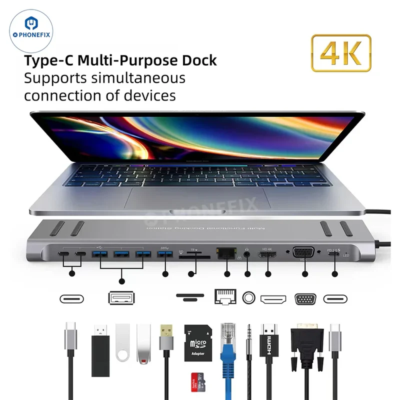 Station d'accueil 14 en 1 USB-C avec charge rapide PD pour ordinateur portable MacBook