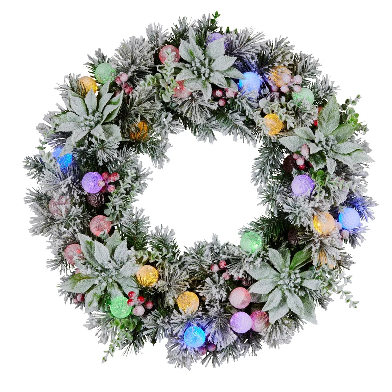 Christabelle Stunning 61cm Snowy Christmas Wreath with LED Lights Crown Pine Baubles Front Door Decoration Ornament
