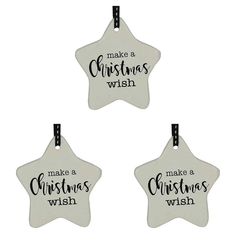 LVD 3x Ceramic Hanging 8x9cm Star Christmas Wish with Ribbon Ornament Home/Office Decor