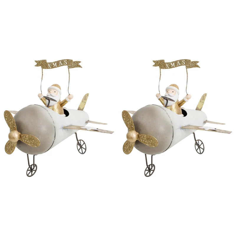 LVD 2PK Metal Plane with Santa Home/Living Room Christmas Display Decor 19x16cm