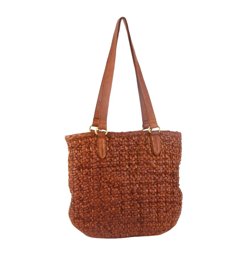Pierre Cardin Woven Leather Ladies Shoulder Bag Travel Carry - Cognac