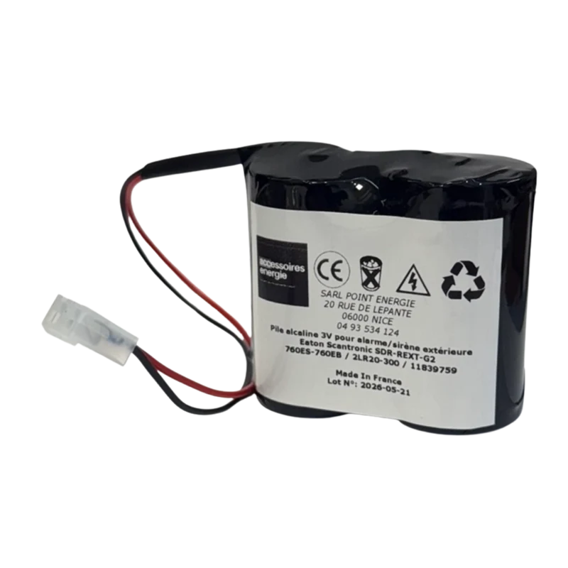 Pile alcaline 3V pour alarme/sirène extérieure Eaton Scantronic SDR-REXT-G2 760ES-760EB / 2LR20-300 / 11839759