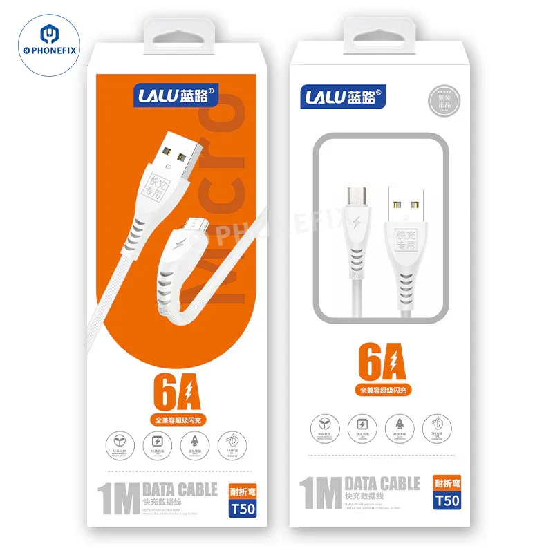 Câble de données de charge rapide 6A Micro Type-C Lightning pour iPhone Android