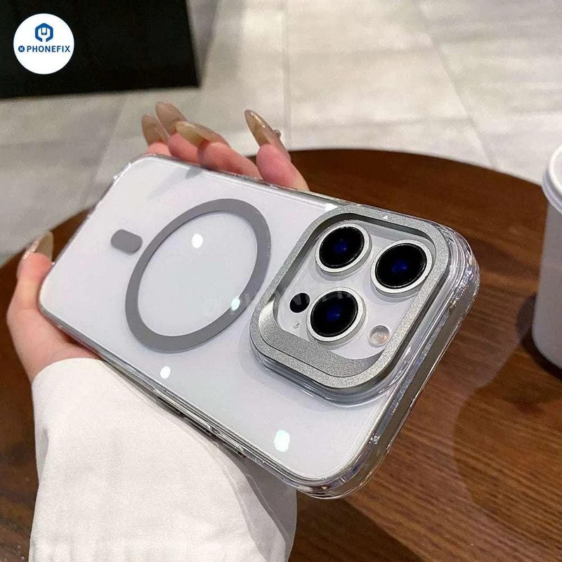 Coque transparente pour iPhone 13-17 avec support d'appareil photo en métal MagSafe
