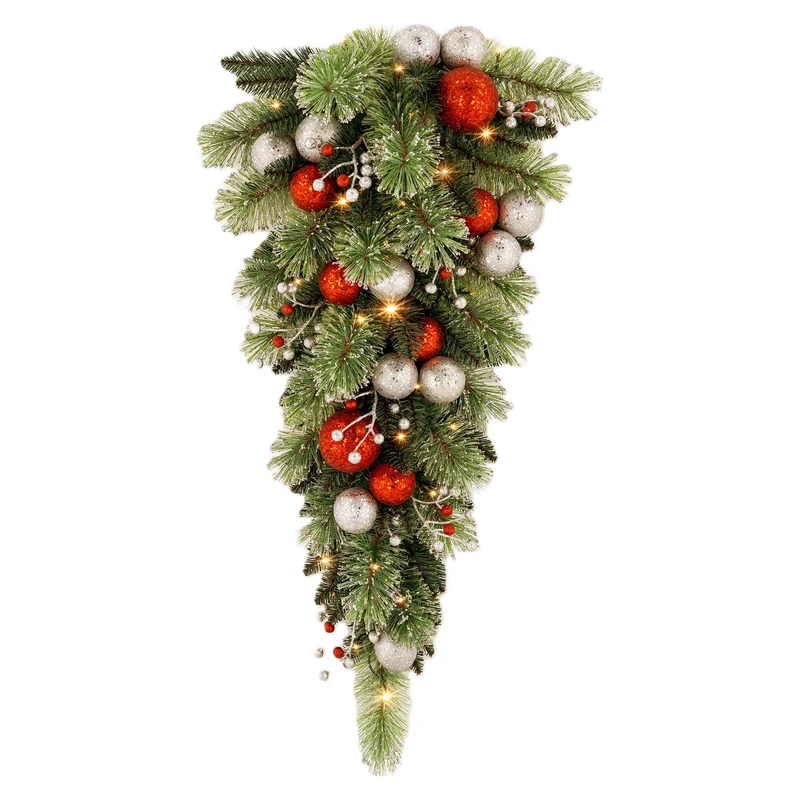 Christabelle 90cm Jingle Bells Christmas Teardrop Wreath Pre Lit Warm White LED Baubles Berries Silver Shimmer Foliage
