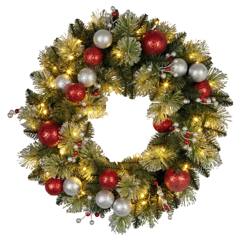 Christabelle 61cm Christmas Wreath with LED Lights Baubles Berries Red Silver Front Door Decoration