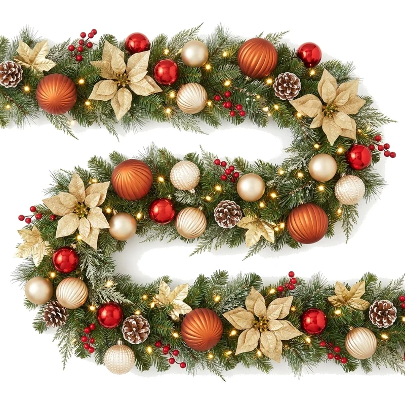 Christabelle 2.74m Timeless Elegance Christmas Garland Pre Lit Multi Function LED Gold Red Baubles Pine Cones Timer Home
