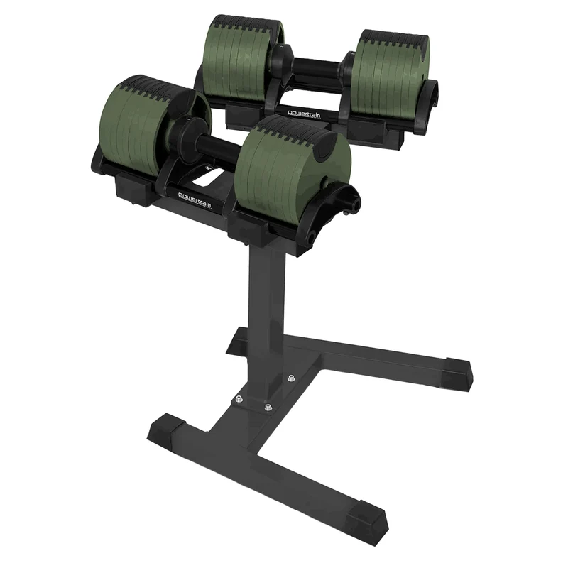 Powertrain 72kg Adjustable Dumbbells Pair with Stand 4-36kg Quick Dial Weight Set for Home Gym Strength Training Green