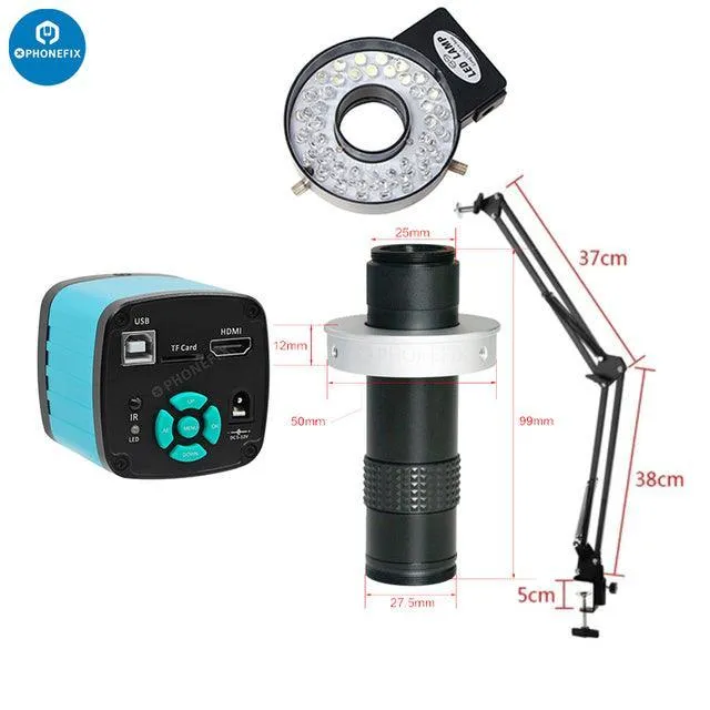 Caméra de microscope industriel USB 4K avec objectif 1-130X et support en porte-à-faux