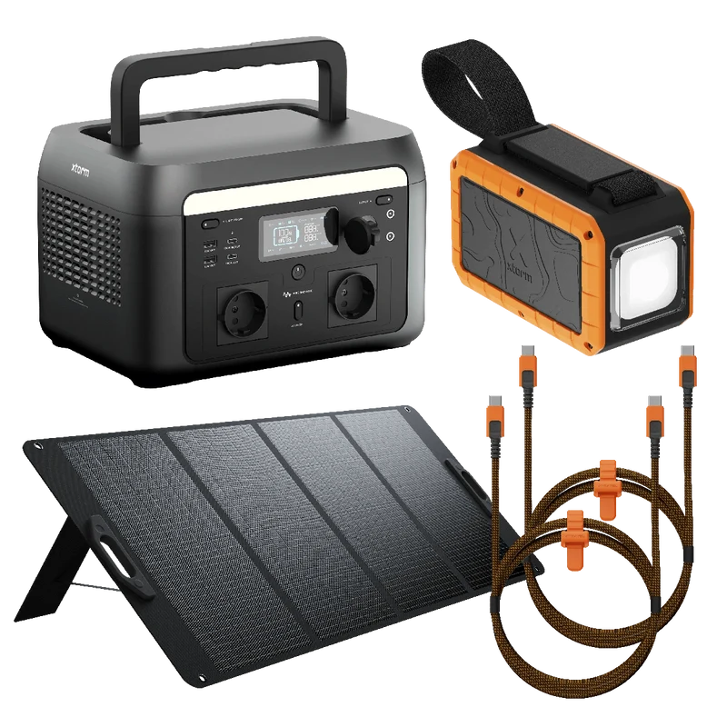 Emergency Package Bundle XL: Power Station 600W, Solar Panel 200W, Flashlight Power Bank, 2x 240W Cables