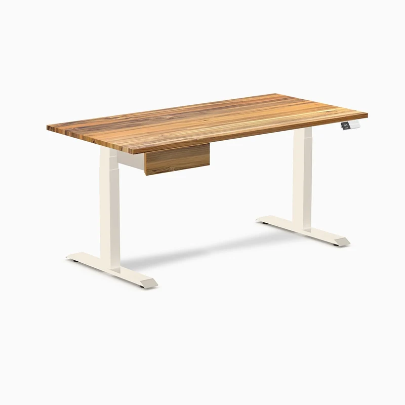 Desky Dual Hardwood Standing Desk With Drawer 150cm Teak Desktop and Wheat Frame
