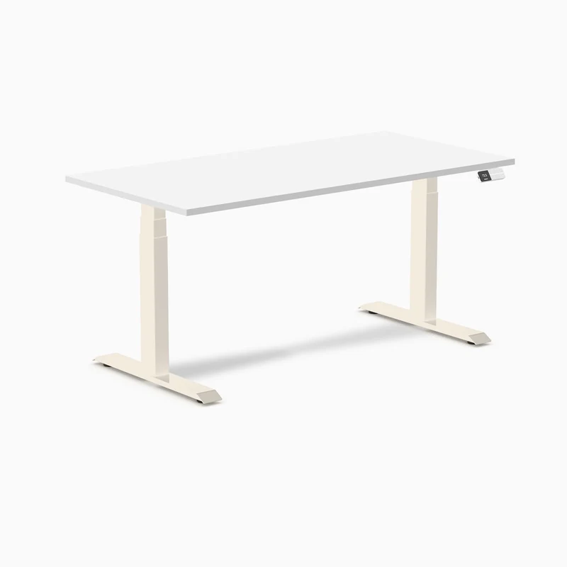 Desky Dual Melamine Sit Stand Desk 150cm White Desktop and Wheat Frame