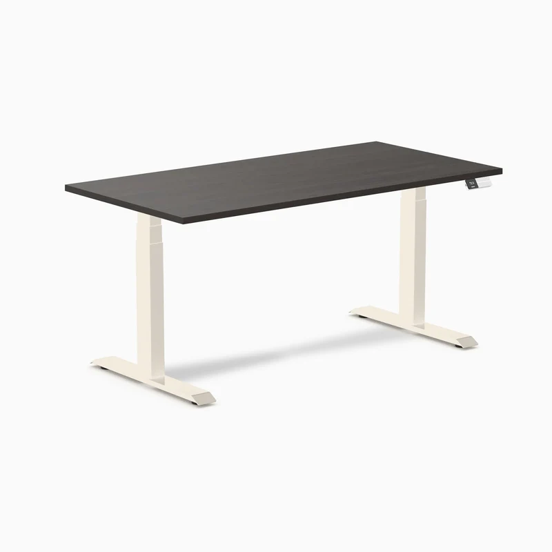 Desky Dual Melamine Sit Stand Desk 150cm Burnished Wood Desktop and Wheat Frame