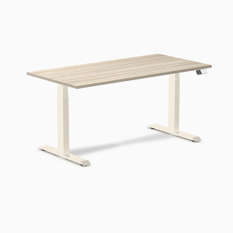 Desky Dual Melamine Sit Stand Desk 150cm Classic Oak Desktop and Wheat Frame