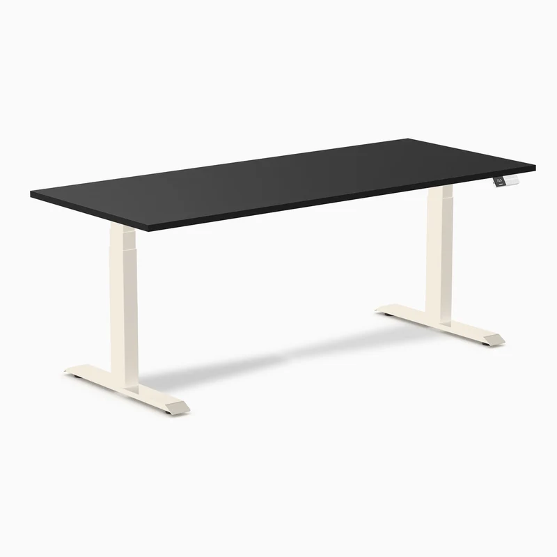 Desky Dual Melamine Sit Stand Desk 180cm Black Desktop and Wheat Frame