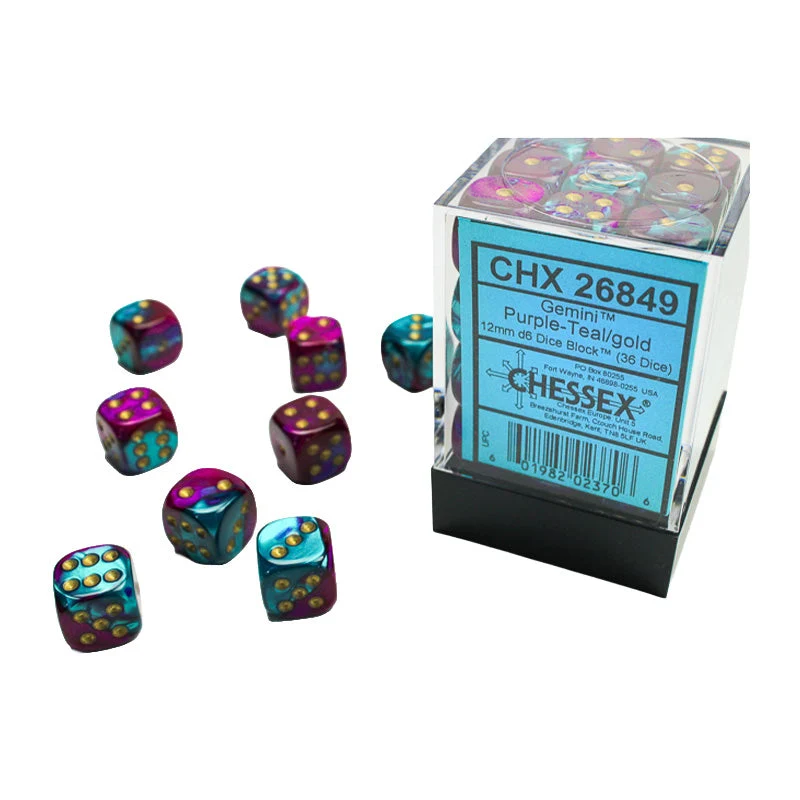 Chessex CHX 26849 Gemini Purple-Teal/Gold 12mm D6 Dice Block (36 Dice)