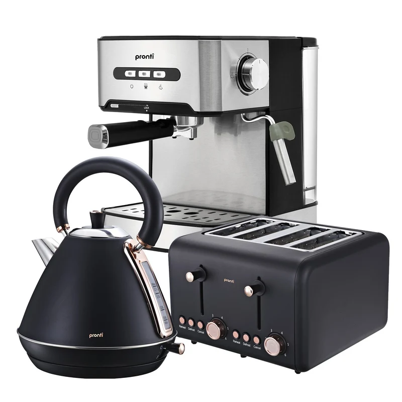 Pronti Toaster, 1.7L Kettle & Coffee Machine Stainless Steel Breakfast Set (Black)