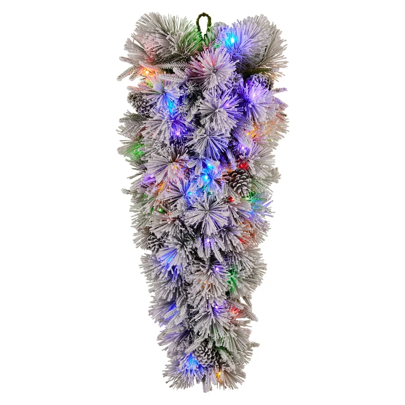 Christabelle 90cm Alpine Snow Christmas Wreath Teardrop Pre Lit Multi Function LED Timer Flocked Pine Cones Home