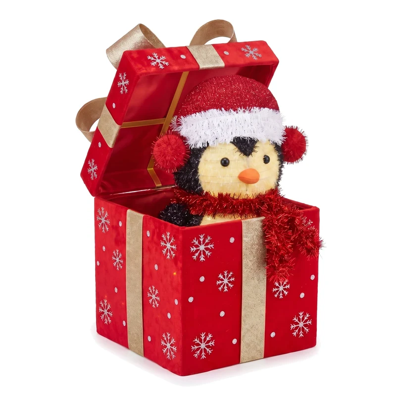 Christabelle 30cm Animated Penguin Gift Box Christmas Light Up DisplayLED Outdoor Indoor Xmas Yard Lawn Statue