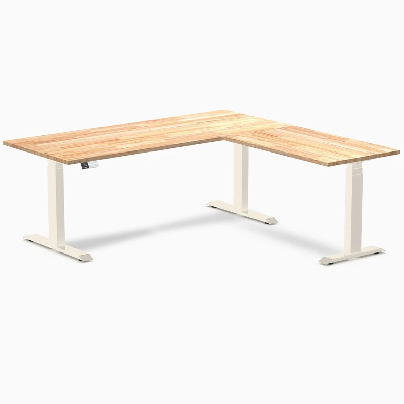 Desky Rubberwood L-Shape Sit Stand Desk 180 x 175 cm Natural Timber Top and Wheat Leg