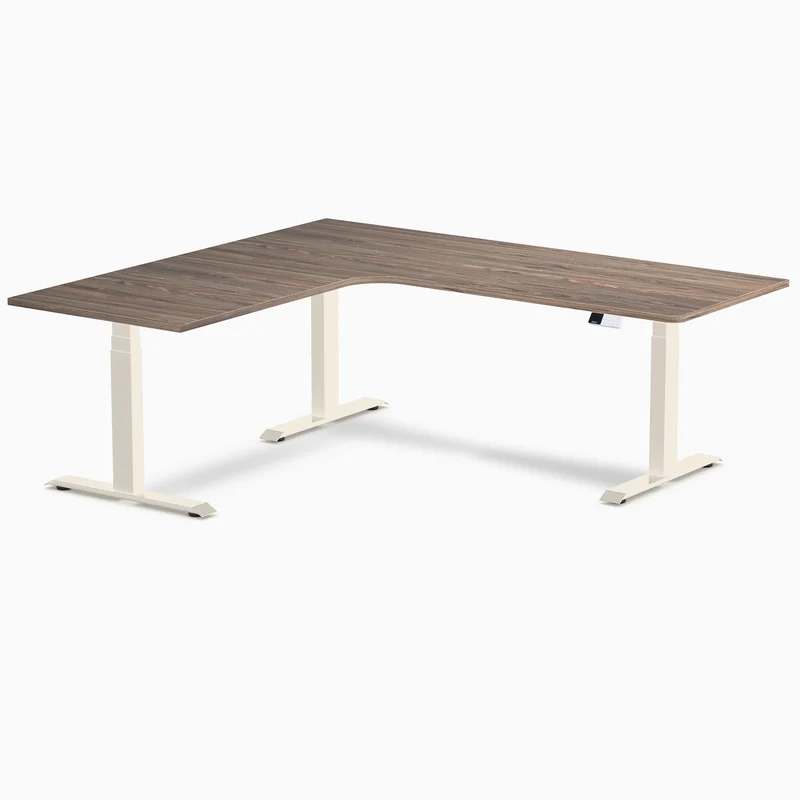 Desky L-Shape Melamine Sit Stand Desk 200cm - Left Return Natural Walnut Top and Wheat Leg