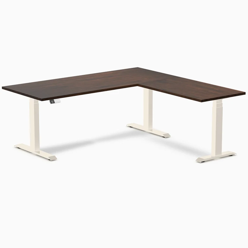 Desky Rubberwood L-Shape Sit Stand Desk 180 x 175 cm Dark Walnut Top and Wheat Leg