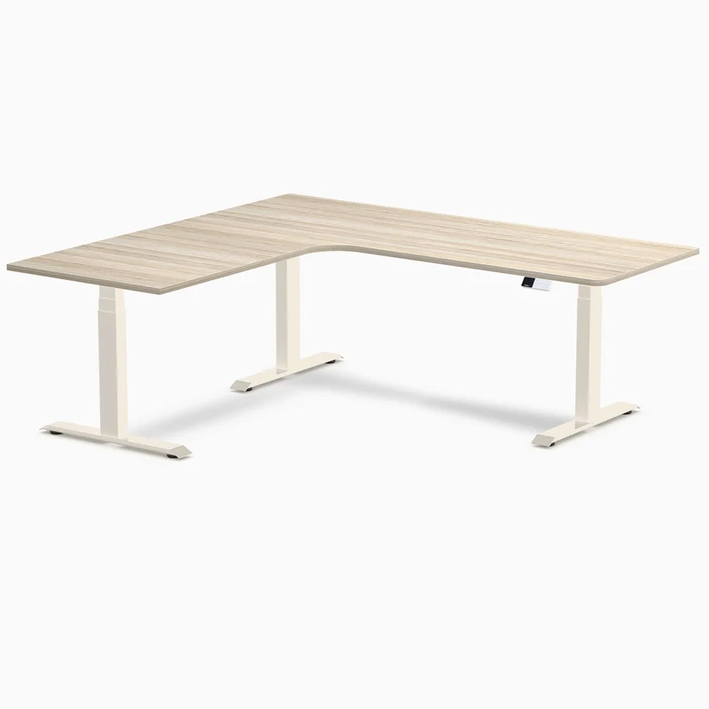 Desky L-Shape Melamine Sit Stand Desk 200cm - Left Return Classic Oak Top and Wheat Leg