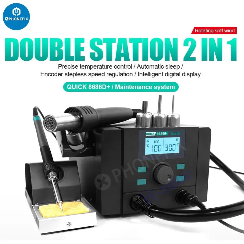 Station de retouche de fer à souder et pistolet à air chaud 8686 en 2 QUICK 1D+
