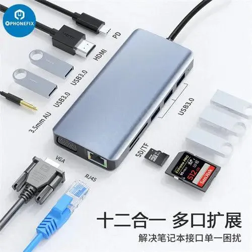 Hub USB C 12 en 1, station d'accueil Type-C, charge rapide PD