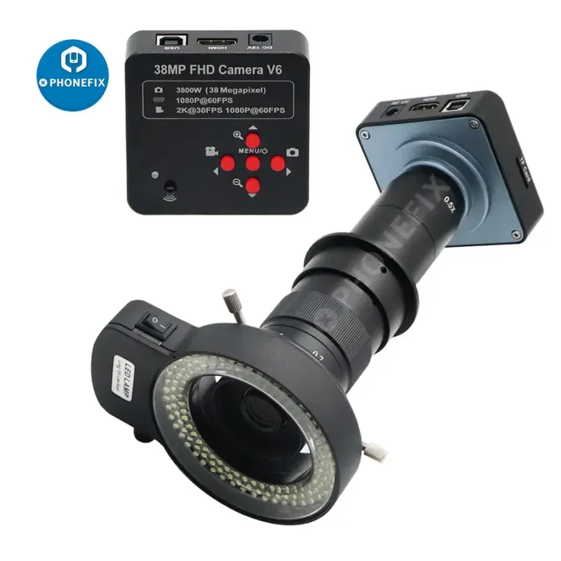 Caméra microscope USB HDMI 38 MP 1080P FHD, objectif 180X à monture C, éclairage